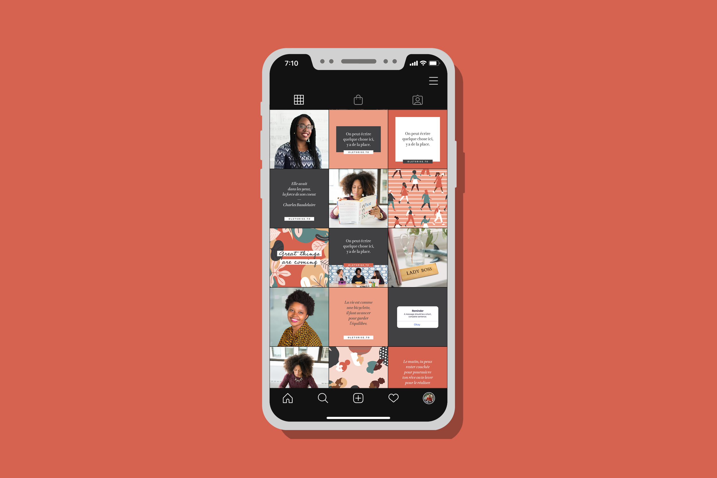 A smartphone displaying an Instagram grid with various photos and quotes, including images of women, colorful graphics, and motivational messages, set against a coral background.