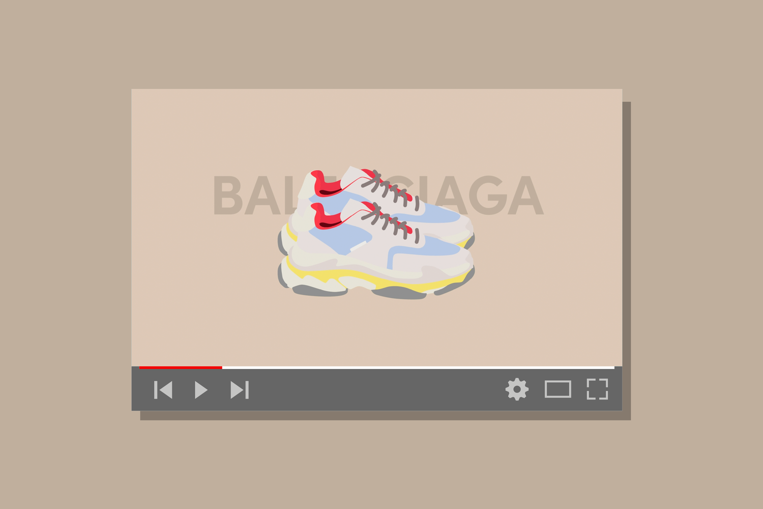 Digital illustration of Balenciaga sneakers on a beige background, resembling a paused YouTube video with video controls at the bottom.