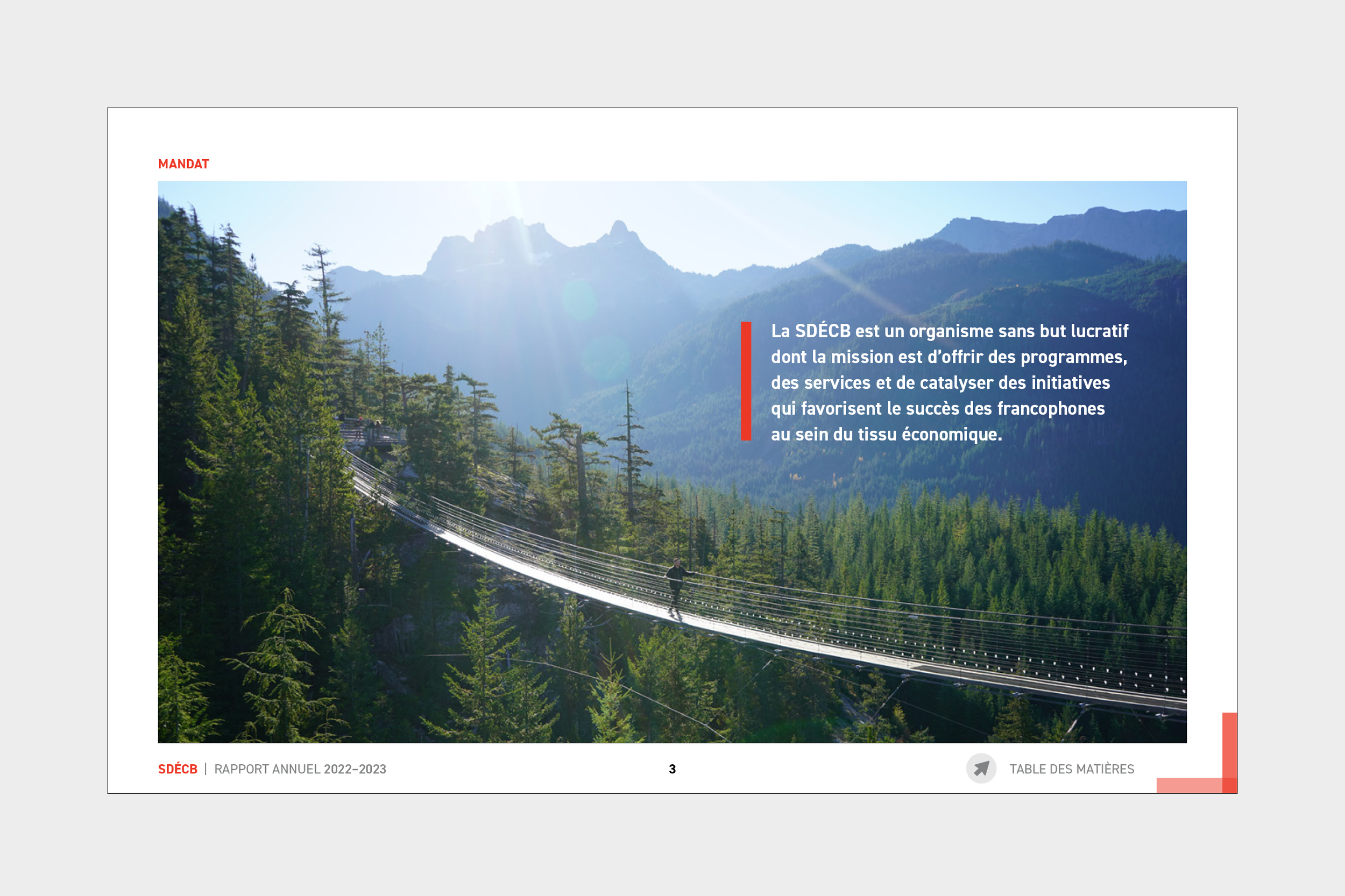 Photo of a mountain landscape with a forest, a suspension bridge, and sunlight shining through the mountains. A person is walking on the bridge.