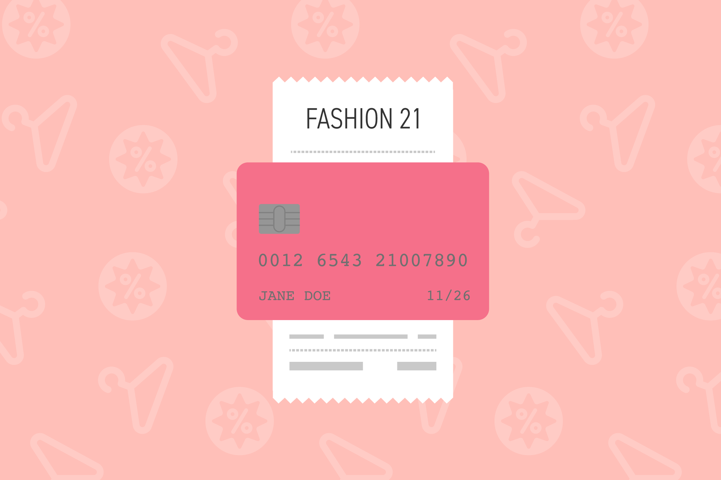 Pink credit card with the words "Fashion 21" on a receipt sticking out, is placed against a pink background with light pink shopping icons and percentage symbols.