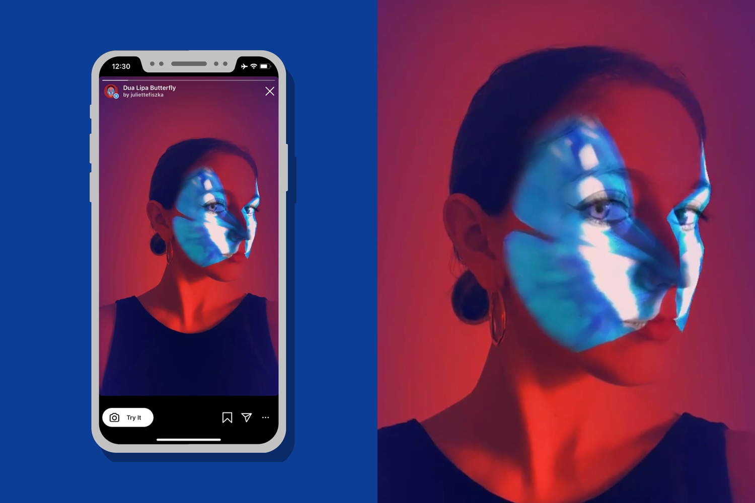 Close-up portrait of a woman with short dark hair wearing a black top, with blue and white projected patterns on her face, capturing a dramatic artistic effect.