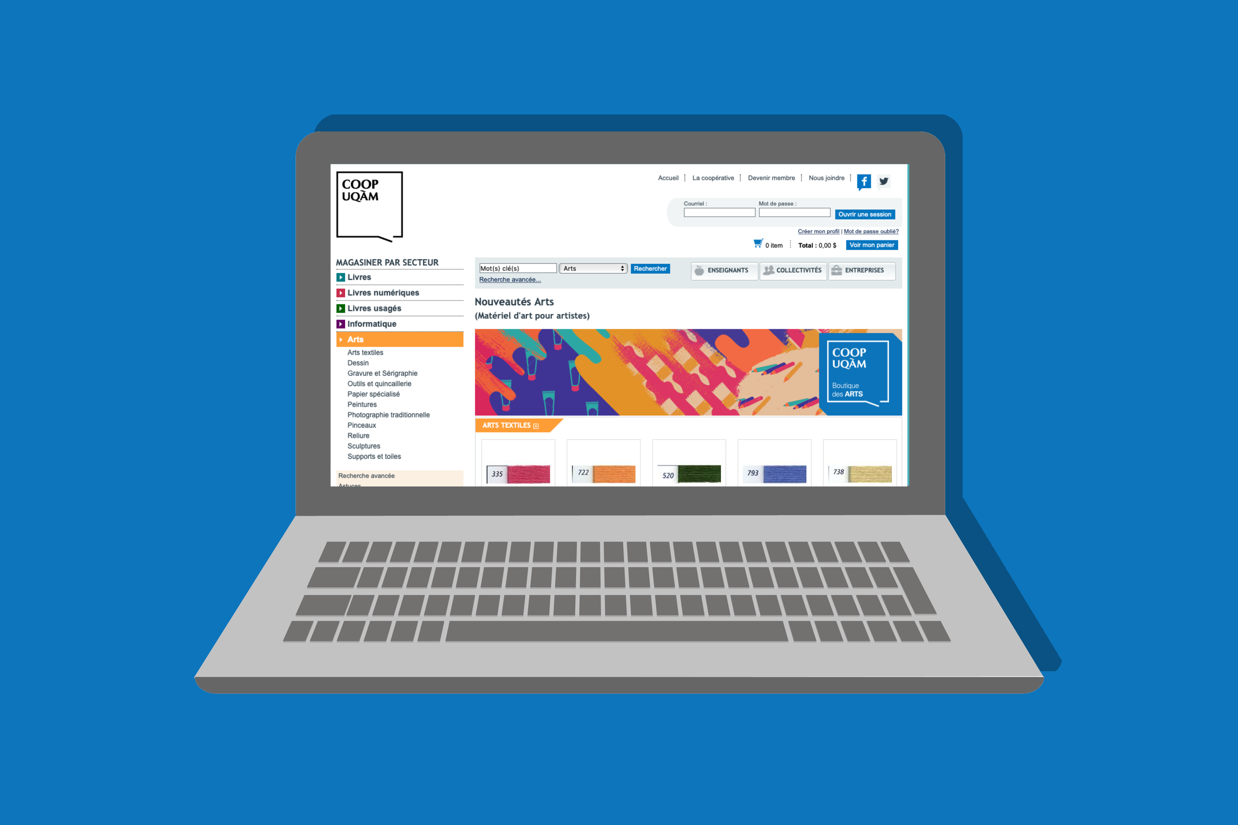 Open laptop displaying an online bookstore website with categories including arts, books, digital books, and used books, on a blue background.