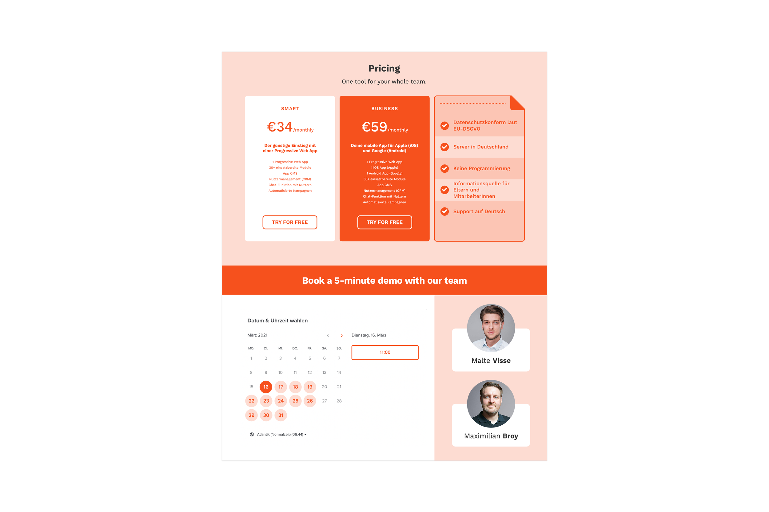 Pricing options for a web app with monthly prices of 34 and 59 euros, including feature lists, a call-to-action button, and a demo booking section with a calendar and photos of team members Malte Visse and Maximilian Broy.