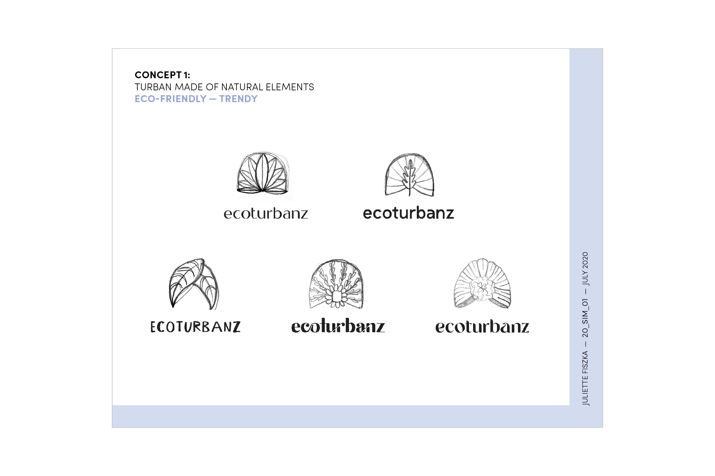 Design concepts for a logo featuring stylized leaf illustrations and the text 'ecoturbanz' in various fonts, emphasizing natural elements and eco-friendliness.