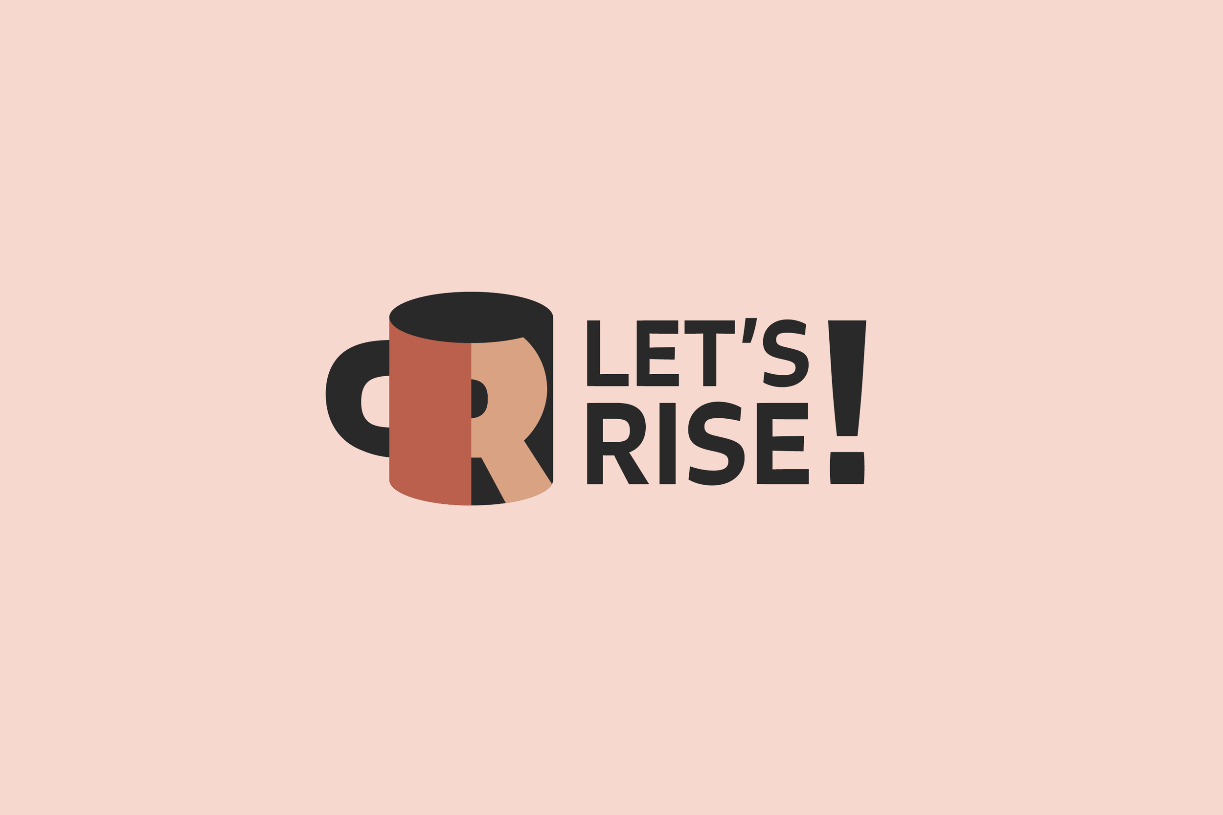 A graphic design featuring a coffee mug with the South African flag pattern and the text "Let's Rise!" on a light pink background.