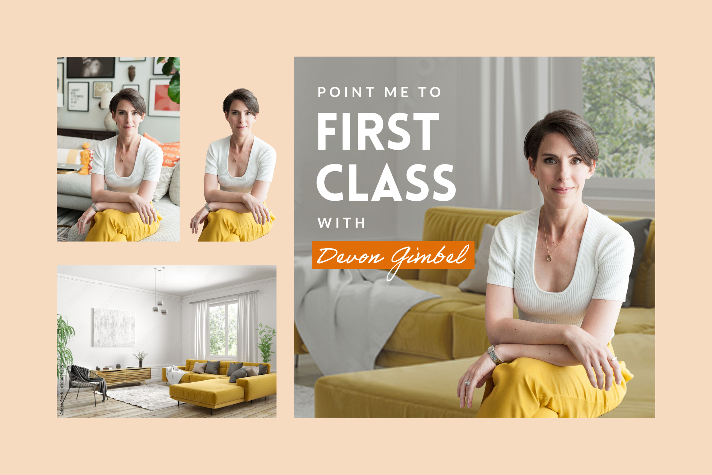 Promotional graphic for an online class featuring Devin Gimbel. The graphic includes a large portrait of Devin Gimbel sitting on a yellow couch, two smaller images of her seated with arms crossed, and an interior shot of a living room with yellow fur
