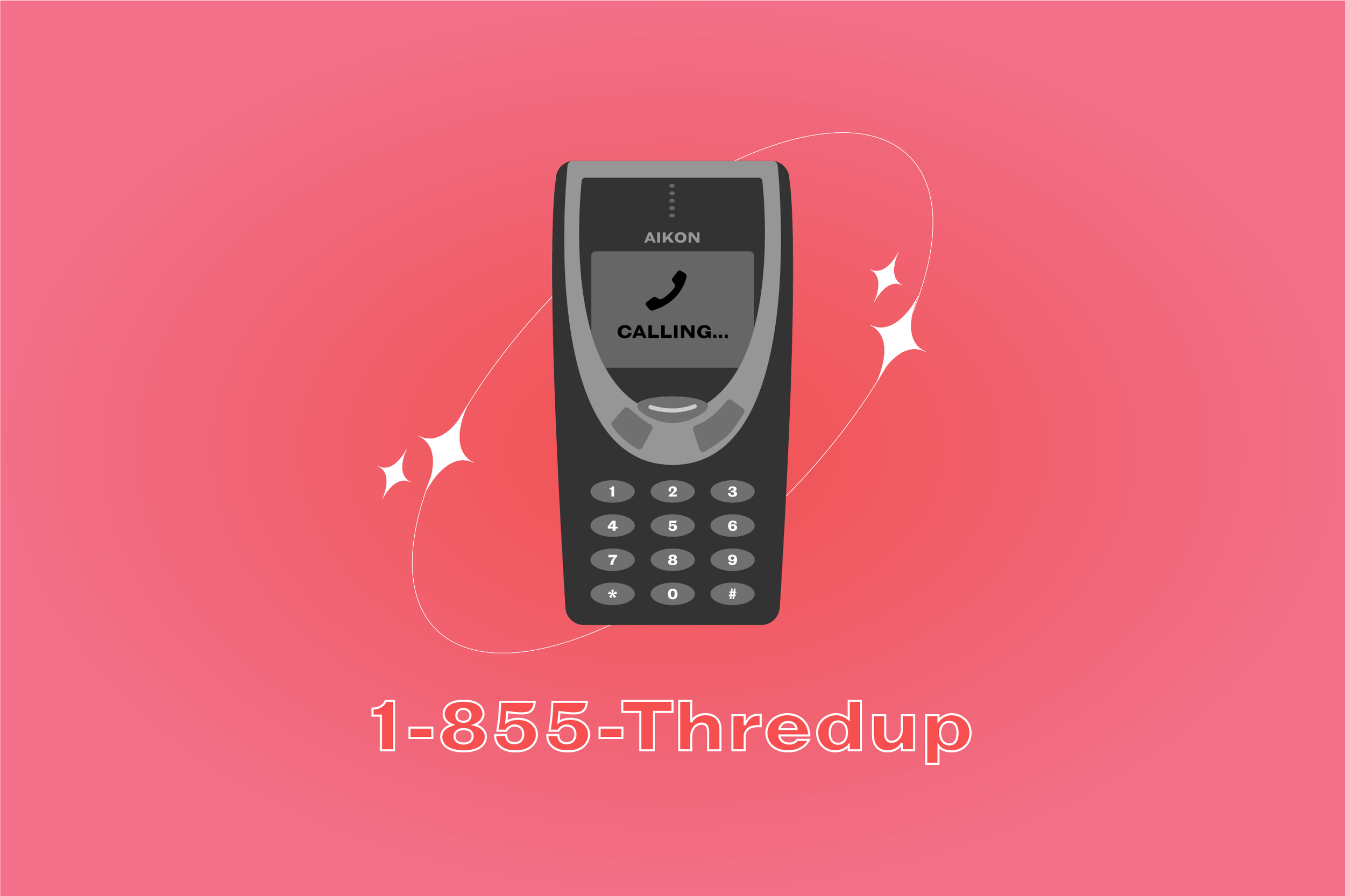 An illustration of a vintage mobile phone on a pink background with the number 1-855-Thrup displayed below.