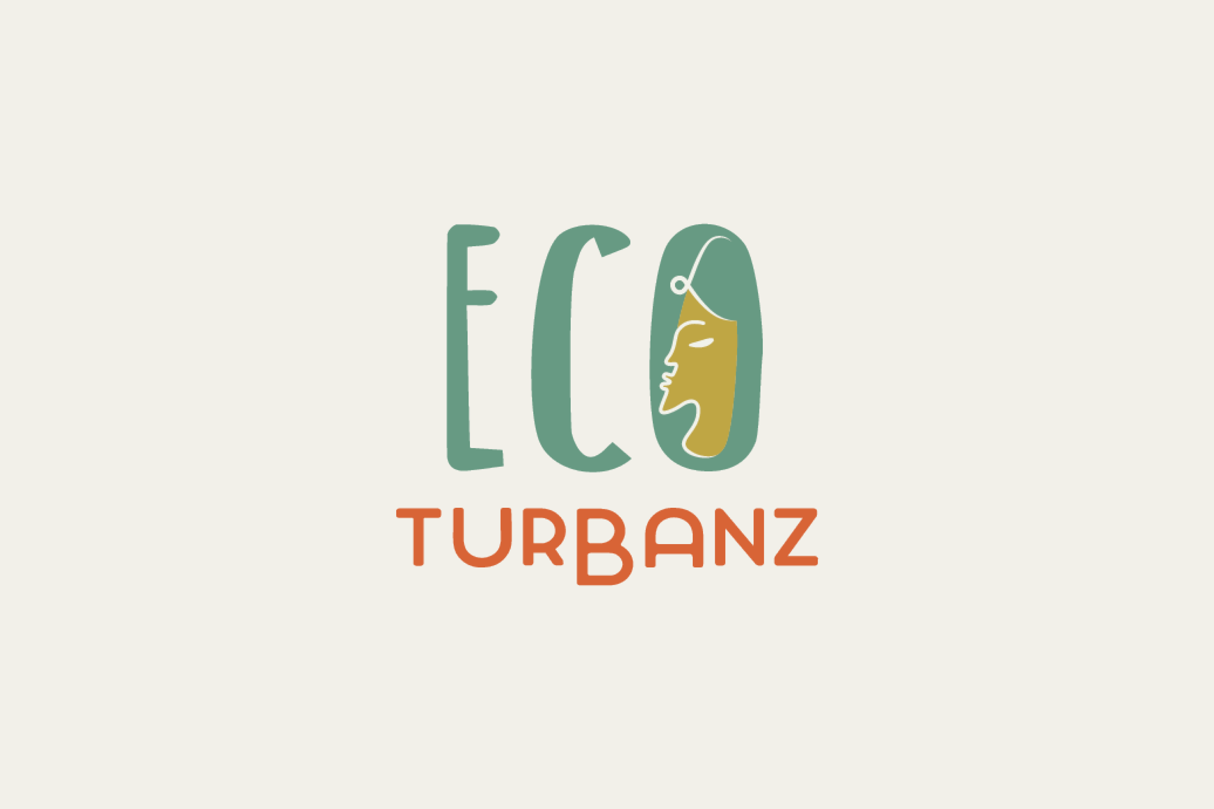 Logo with the text 'ECO TURBanz,' featuring a stylized face profile within the letter 'O', with a sewing needle in the hair.