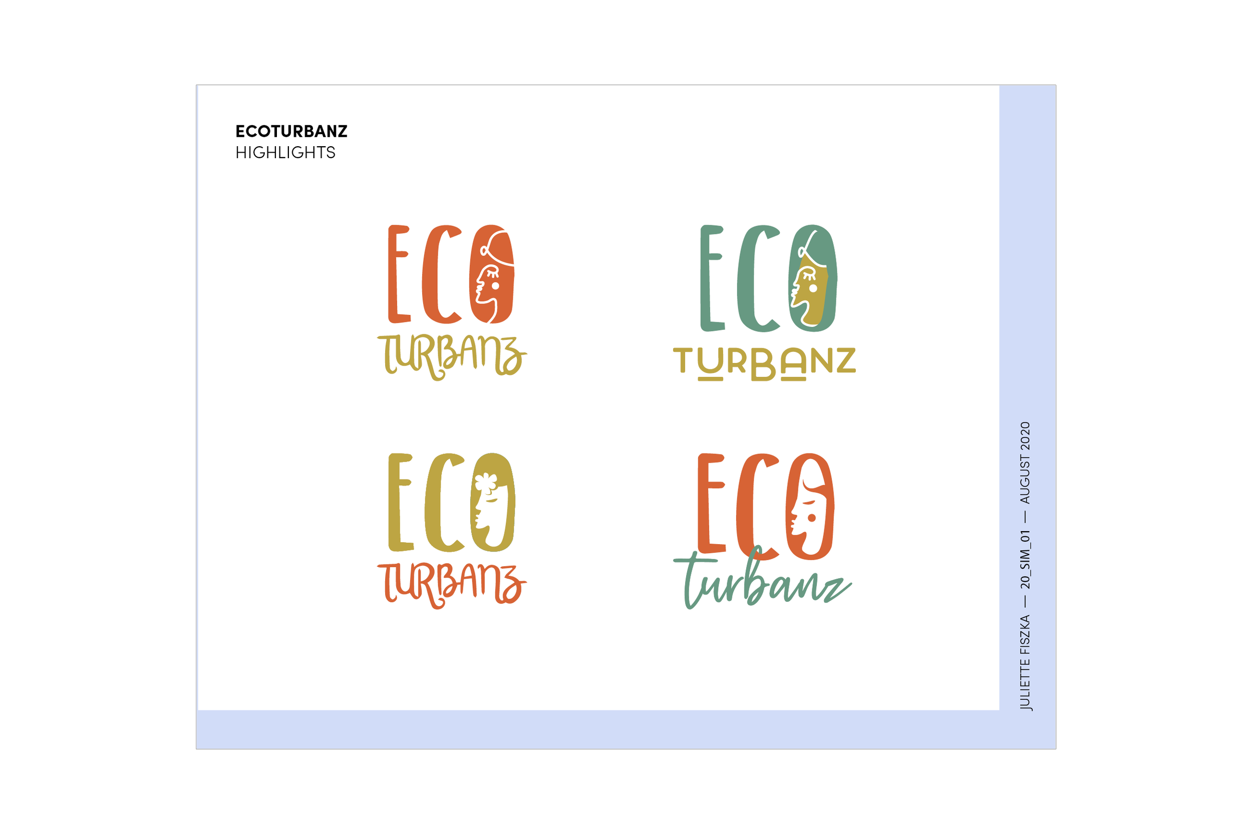 Compilation of four colorful logos for Eco Turbanz, each featuring stylized face profiles and varying colors and fonts, with a blue border on the right side containing text and date.