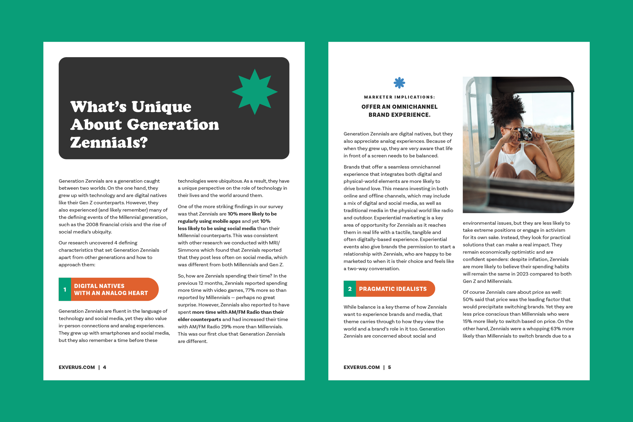 Two-page spread of an article discussing Generation Zennials, their characteristics, and consumer behaviors, featuring a woman with a camera on the right page and a dark header with white text on the left.