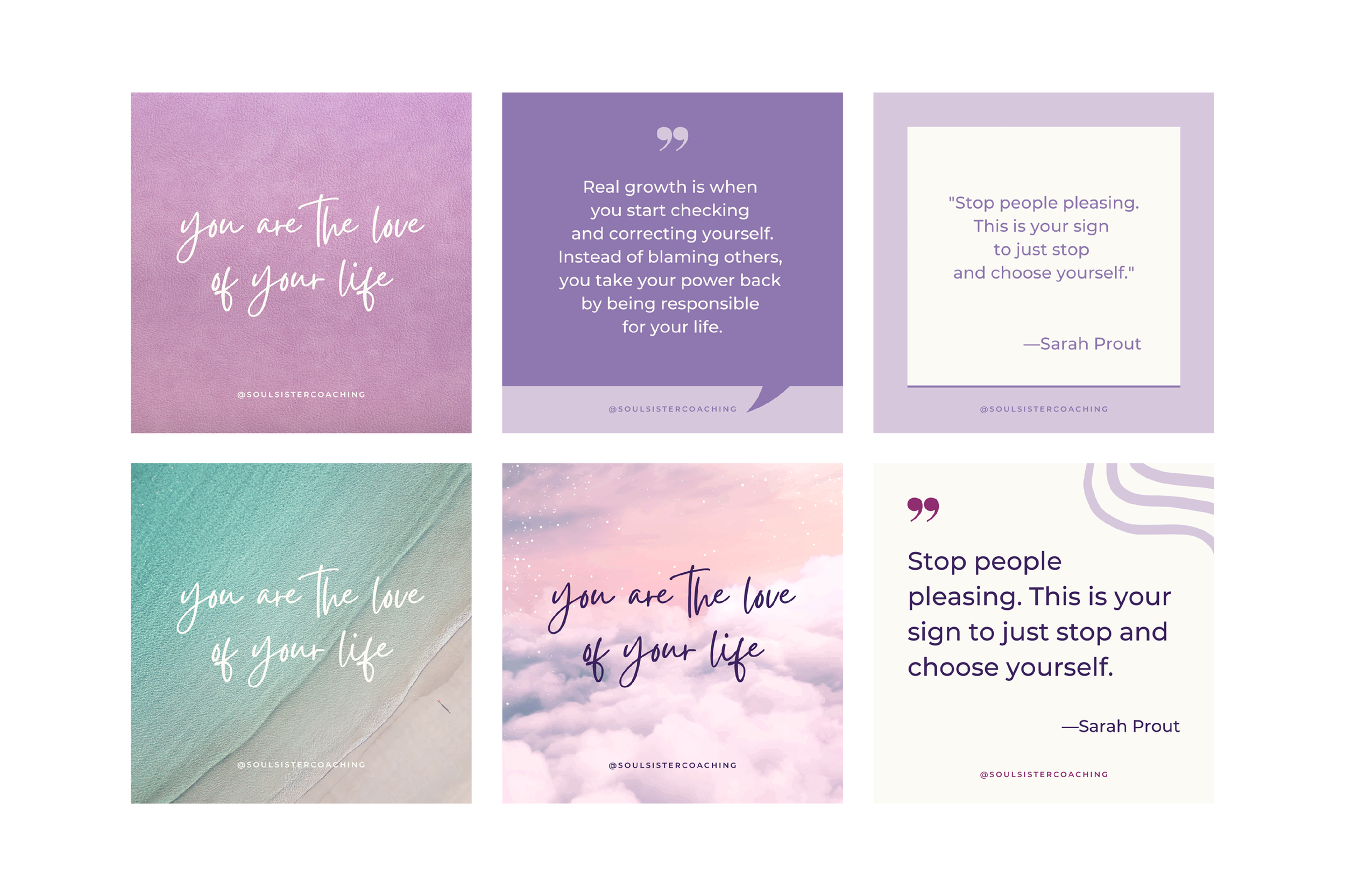 A collage of six motivational quotes and images with soft pastel backgrounds, including water, sky, and textured paper. The quotes emphasize self-love, personal growth, and stopping people pleasing.