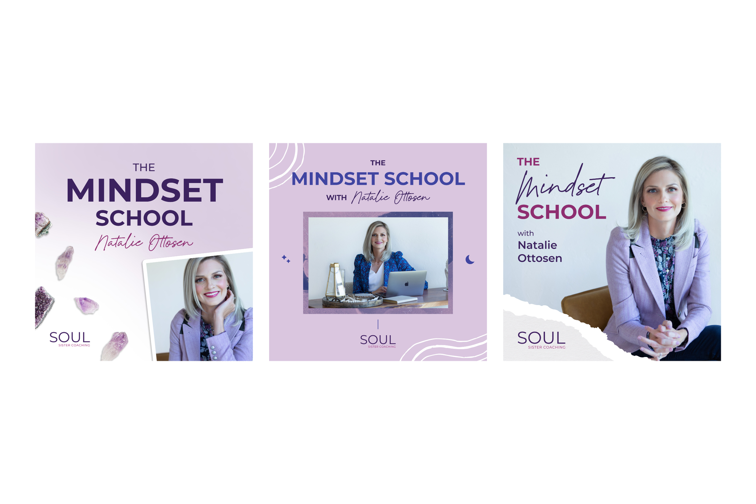 Three different promotional graphics for 'The Mindset School' by Natalie Ottosen, featuring her smiling portrait, with varying backgrounds and design styles.
