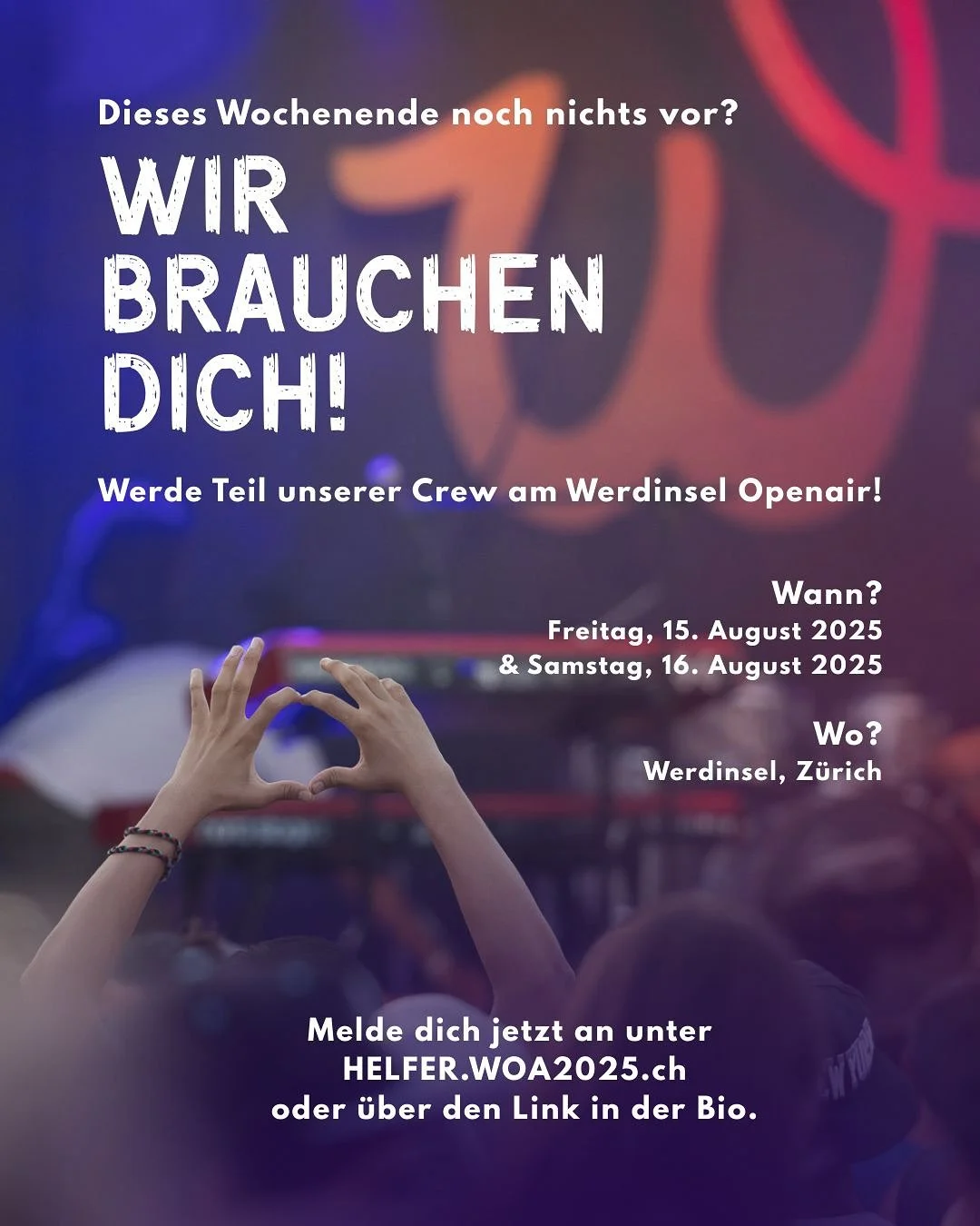 Werde dieses Wochenende Helfer:in beim Werdinsel Openair 2025!

📆 15. &amp; 16. August 2025
🏝️ Werdinsel in Z&uuml;rich

Du hast Lust, Teil eines einzigartigen Openairs zu sein, hinter die Kulissen zu schauen und gemeinsam mit einem tollen Team mit