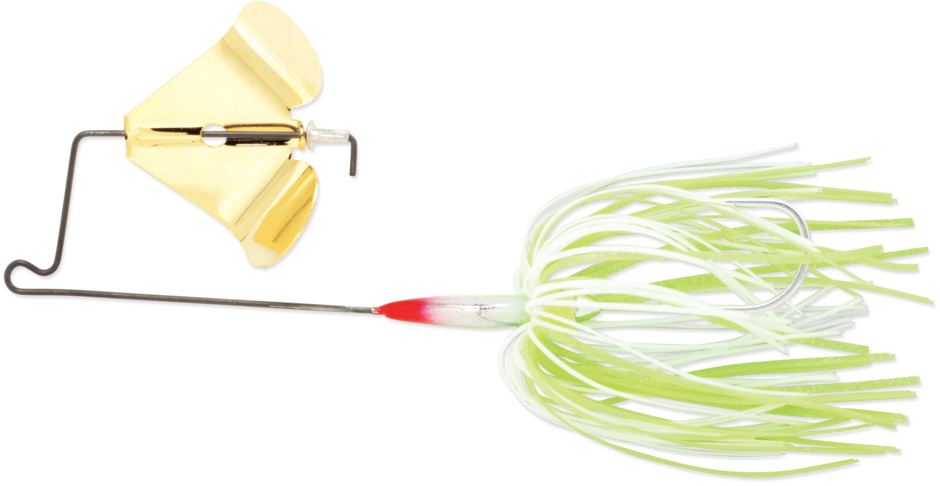 A fishing lure with a yellow top, silver hook, and long green and white rubber strands resembling a squid or octopus.