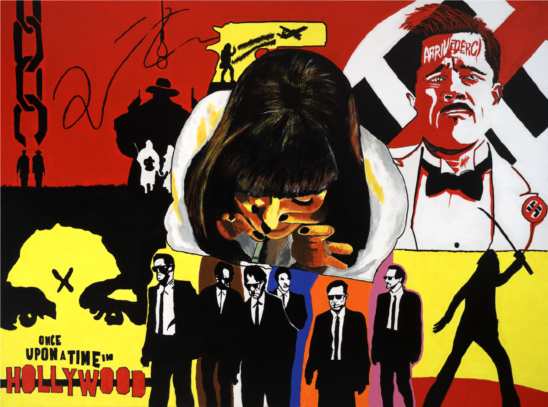 Colorful collage with various images including a woman smoking, a man in a tuxedo with a swastika armband, silhouettes of people, a yellow sign with a man and a child, a large eye, and the Hollywood sign with the phrase "Once Upon a Time in Hollywood