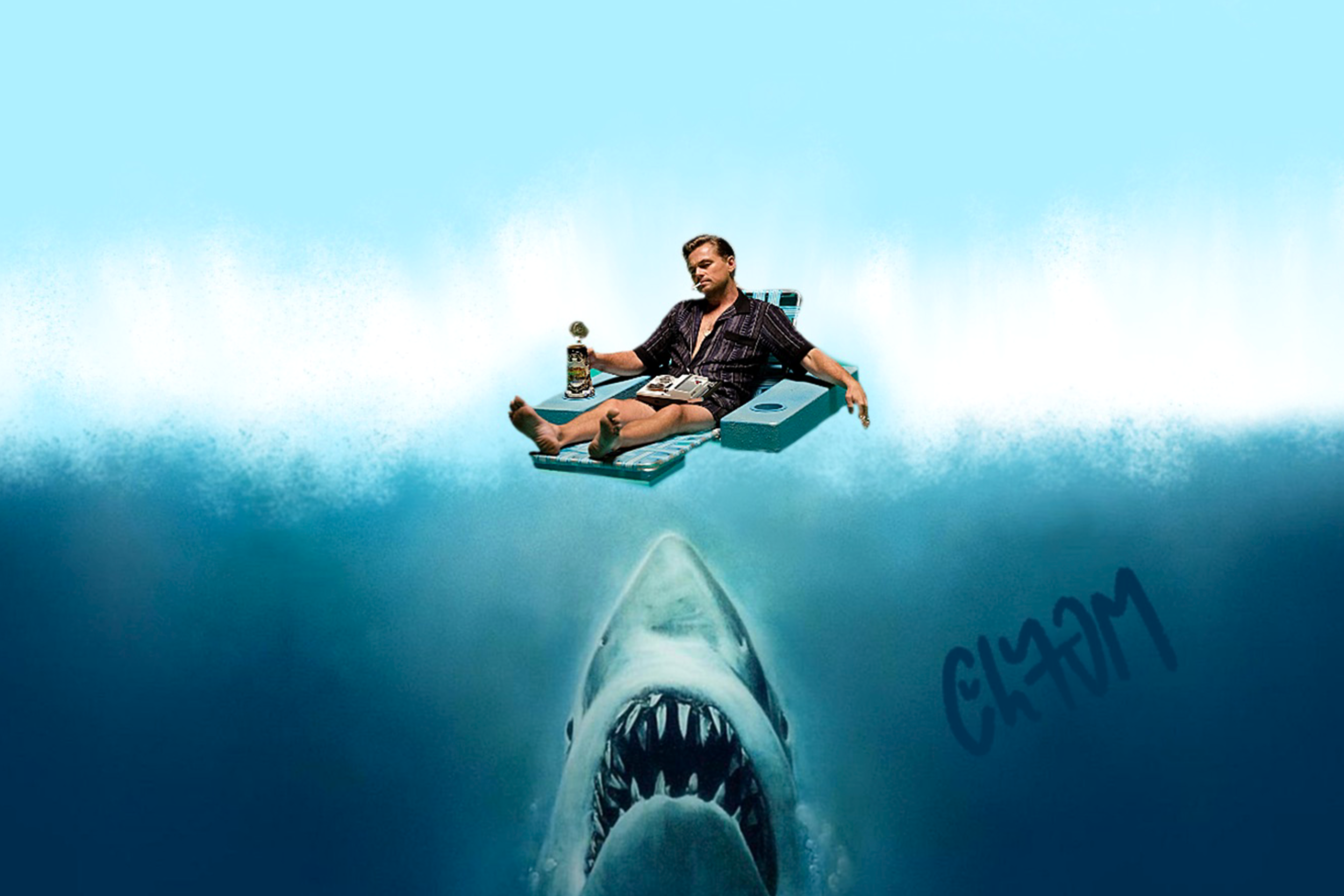 A man in pajamas relaxing on a floating lounge chair on the water, holding a drink and a remote, with the water's surface above showing a large shark with its mouth open underneath.