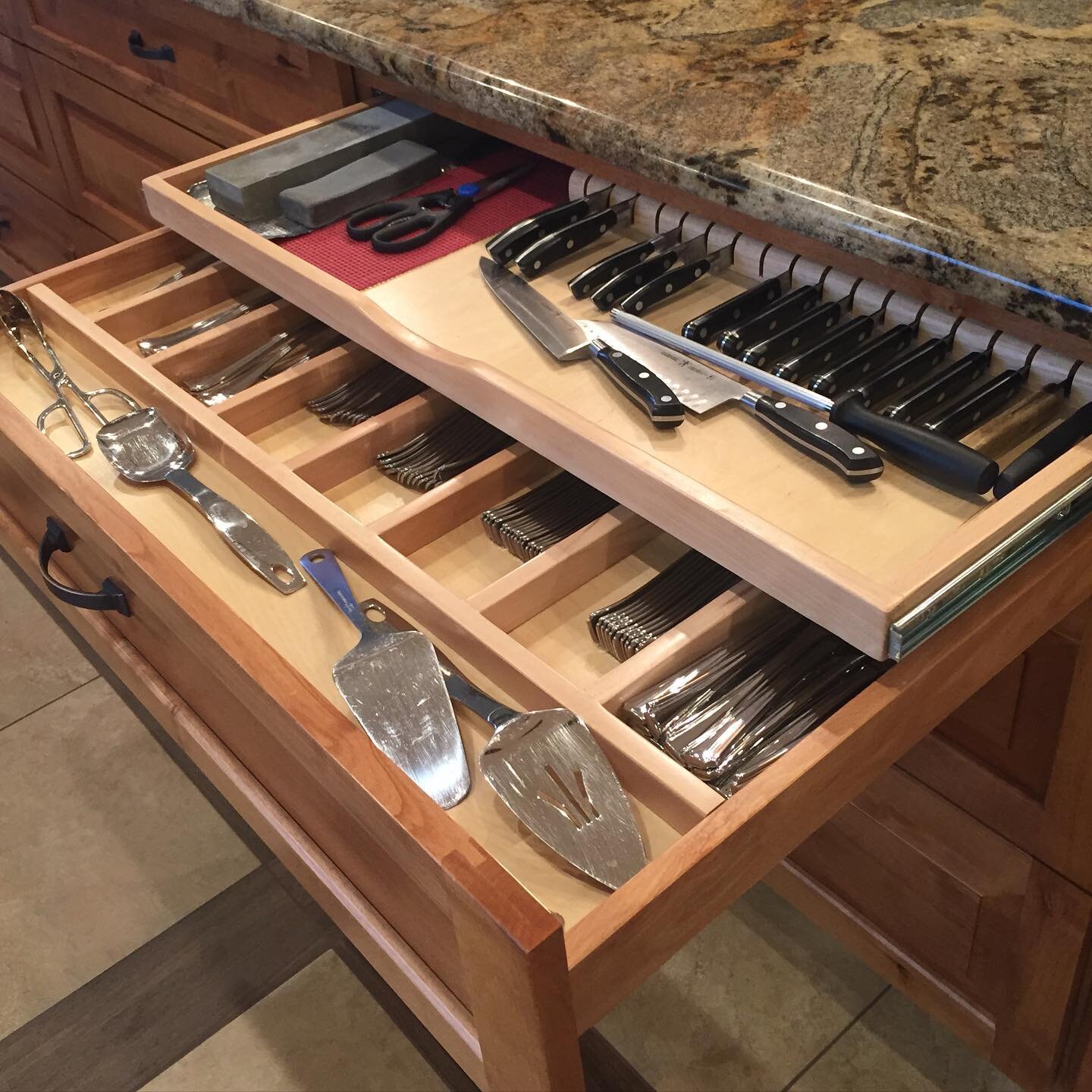 Customize your cabinetry to suit your needs. Two tier silverware/knife drawer. #cabinetstorage #denverkitchens #amishcabinets #acodenver #drawerorganization #drawerorganizer