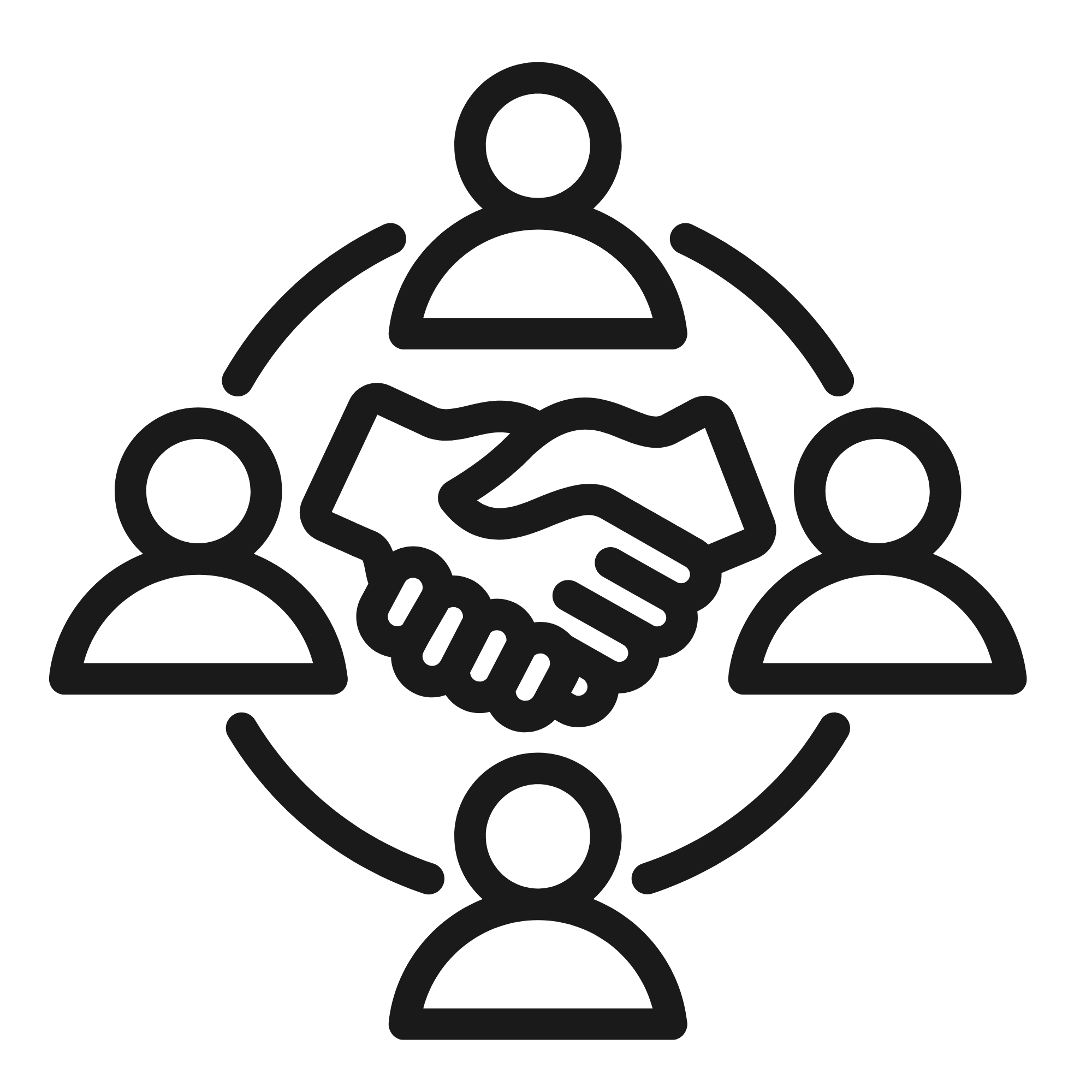 Icon of five people around a circle with a handshake in the center, representing teamwork or partnership.