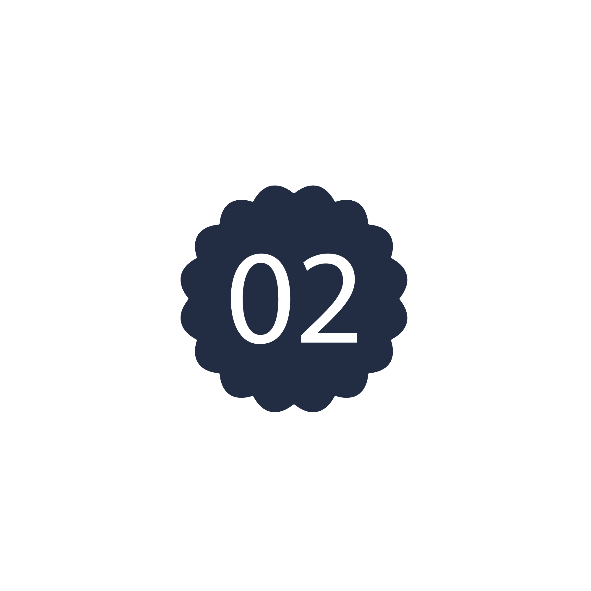 An icon with a dark blue badge shape containing the number '02' in white, set against a black background.
