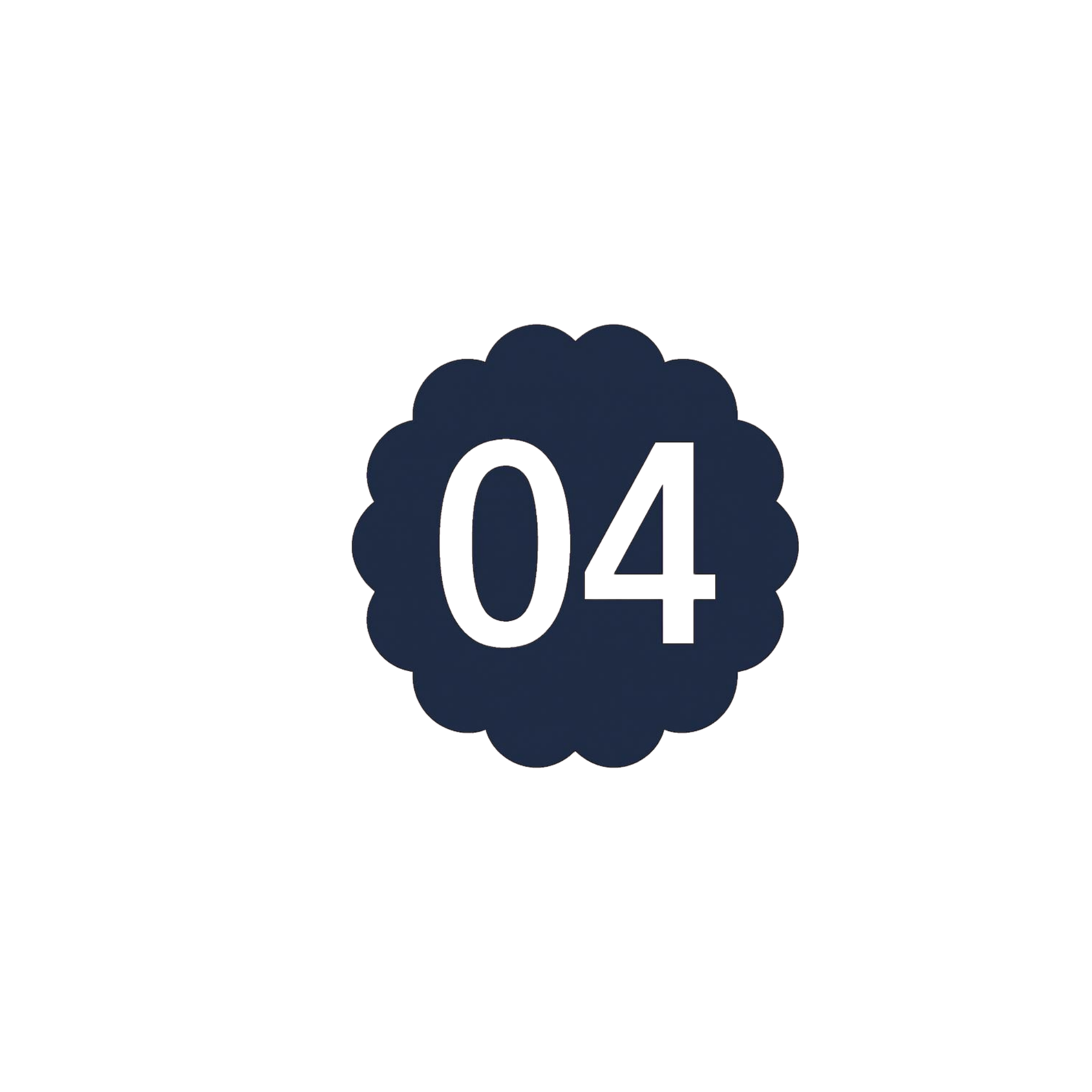 Circle badge with scalloped edges, displaying the number 04 in white and pink against a dark blue background.
