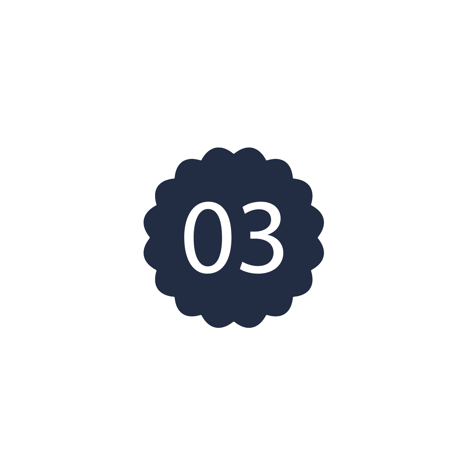 Number 03 inside a dark blue scalloped circle on a black background.