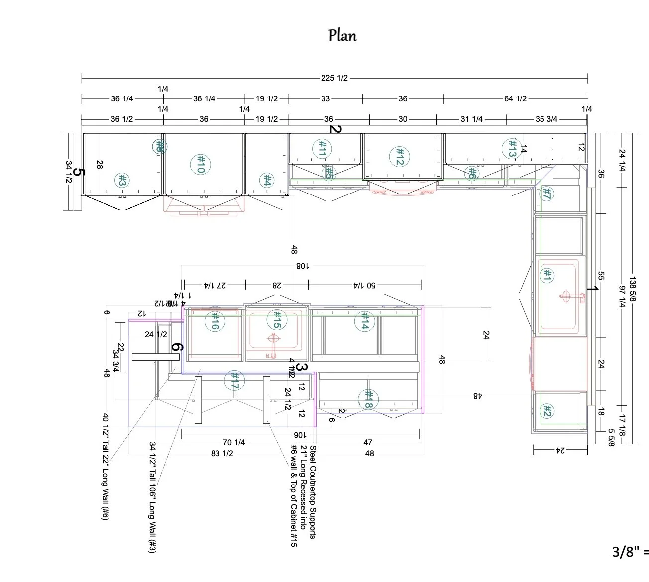 Architectural floor plan of a kitchen or similar space, showing cabinets, sinks, countertops, and measurements for layout and construction.