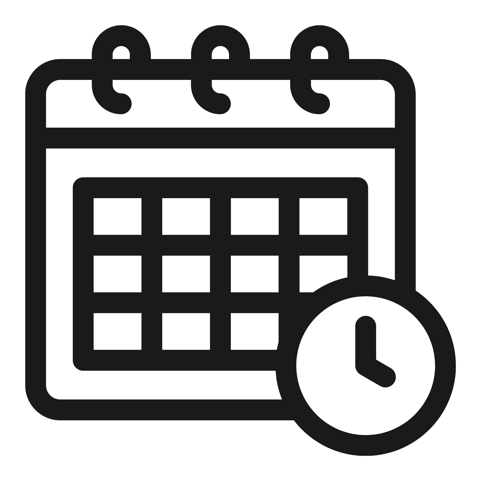 Black calendar with a white circle and a clock icon.