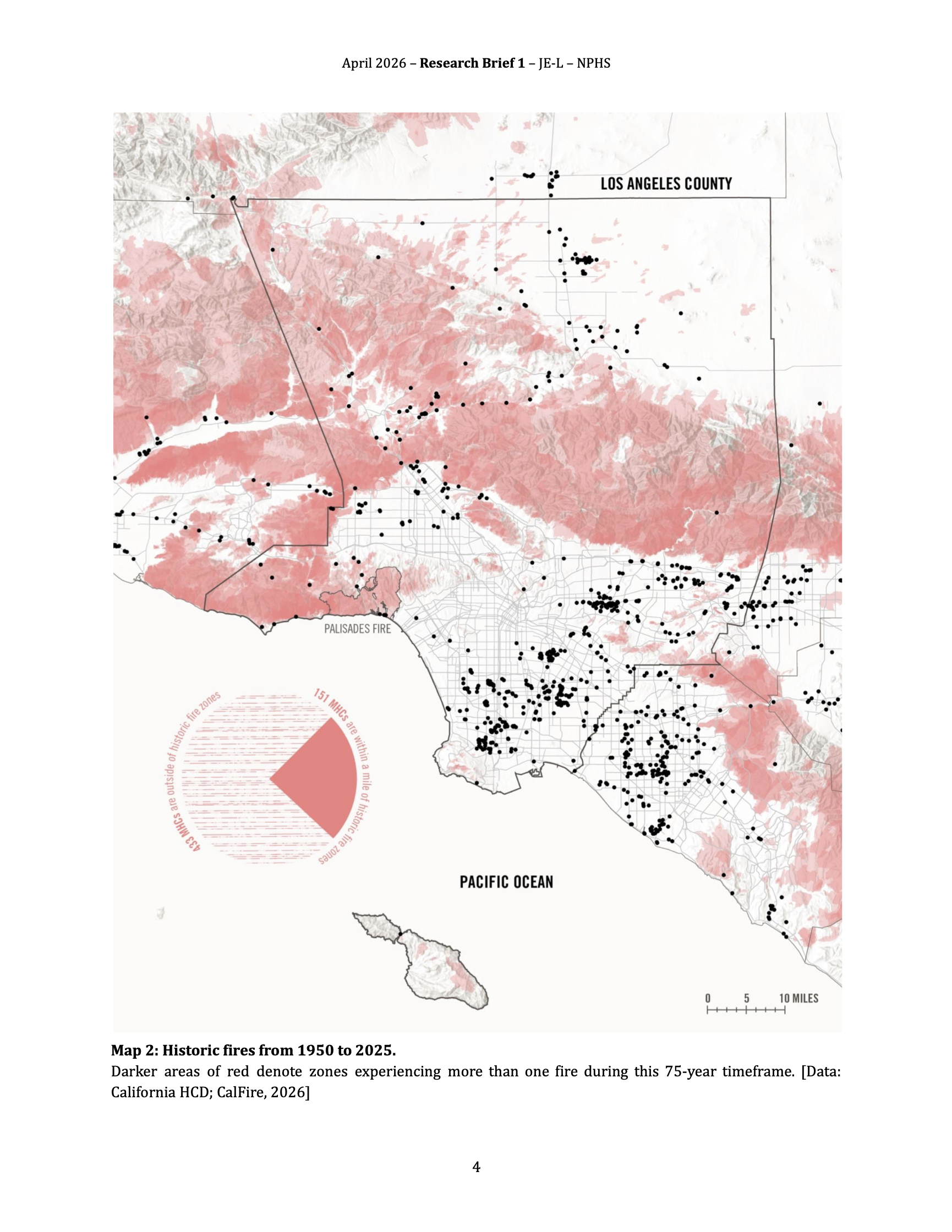 Historic fires from 1950 to 2025. Darker areas of red denote zones experiencing more than one fire during this 75-year timeframe. [Data: California HCD; CalFire, 2026]