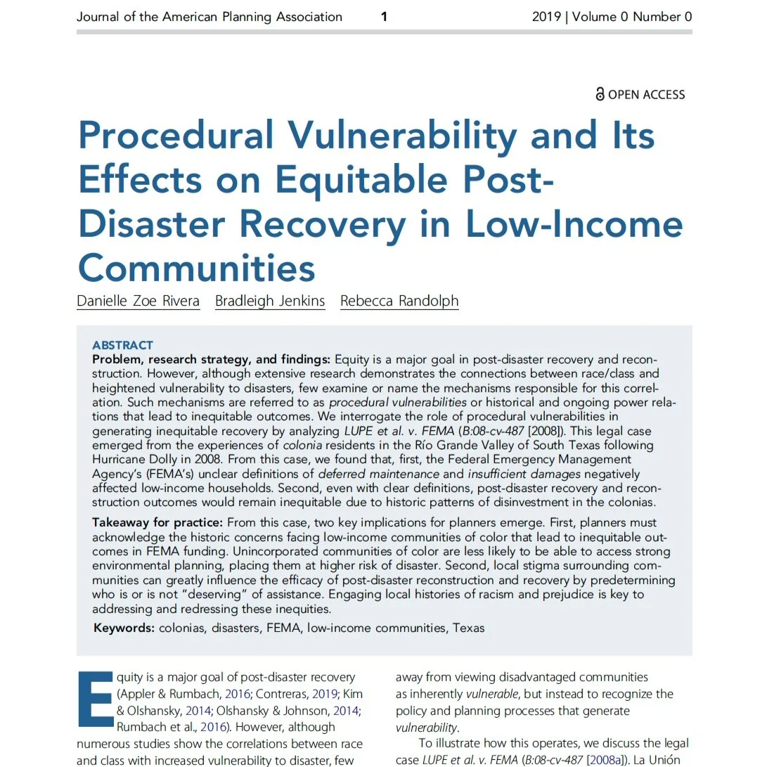 First page of the publication Procedural Vulnerability and Its Effects on Equitable Post-Disaster Recovery in Low-Income Communities