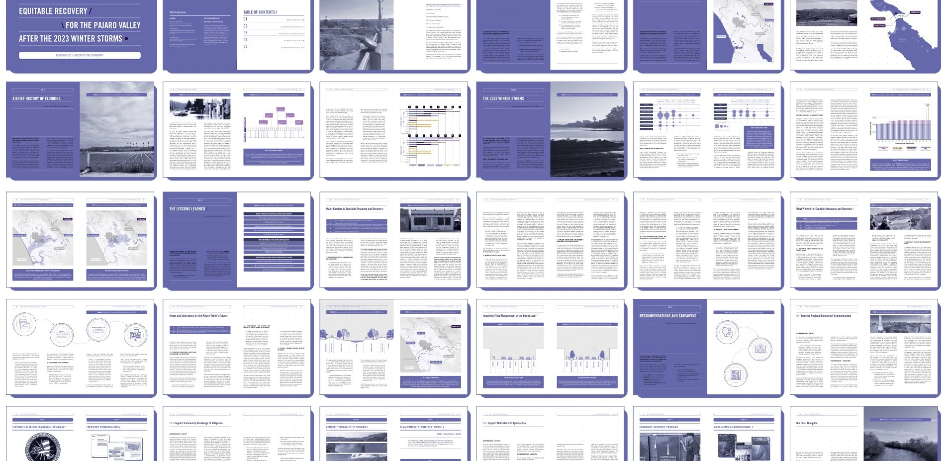 Diagram showing many of the spreads from our Equitable Resilience community report.