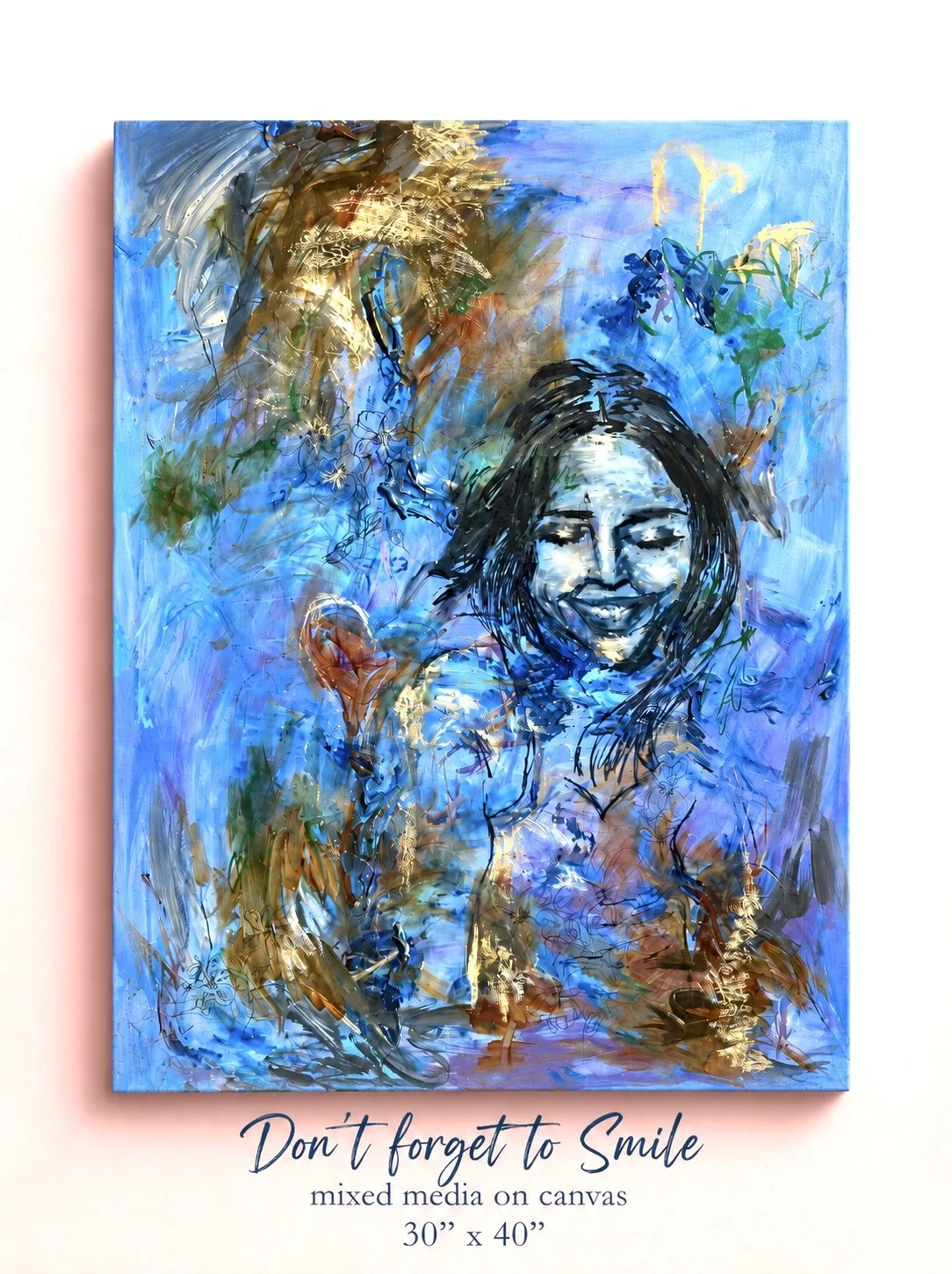 Don't Forget to Smile is a visual reminder of the power and complexity of a smile. The painting examines themes of emotion, vulnerability, and optimism, encouraging viewers to reflect on the faces they show the world and the feelings that lie beneath