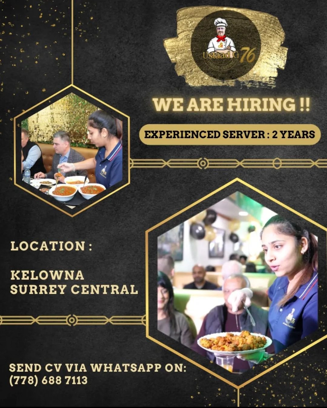 Join our team! 🌟 Experienced servers wanted at our Kelowna &amp; Surrey Central locations. Apply now by sending your CV via WhatsApp to +1 (778) 688-7113. Don't forget to include your image for a personalized touch!

Deadline: Sunday, 28th April 202