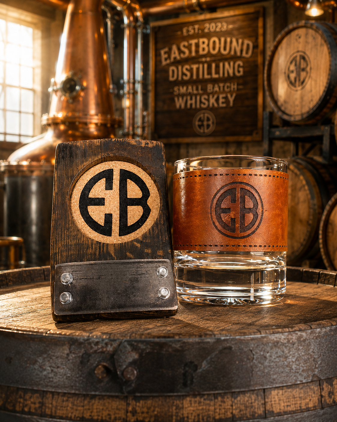 The King’s Combo | Personalized Leather Sleeve  Whiskey Glass & Authentic Kentucky Barrel Stave Coaster Set