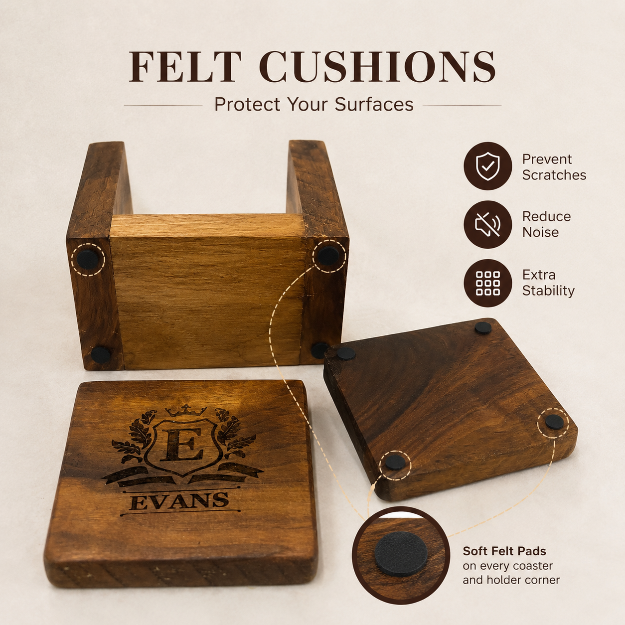 Handcrafted Black Walnut Wood Coasters with Custom Engraving and Storage Holder