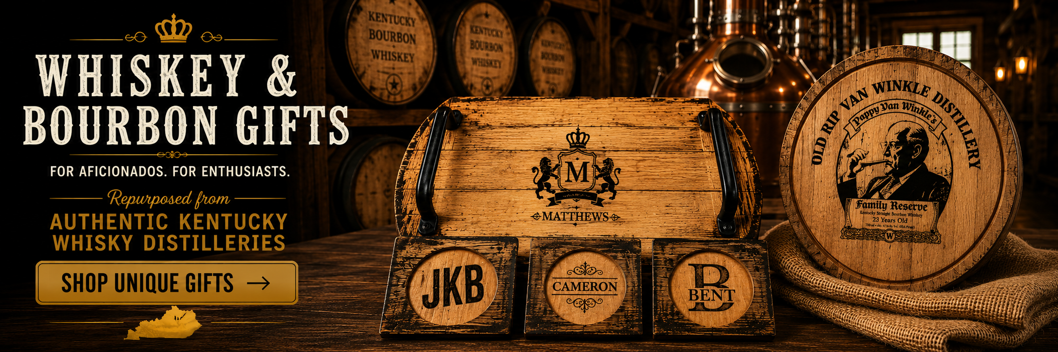 Whiskey and bourbon gifts handcrafted from authentic Kentucky whisky distillery barrels, featuring a personalized barrel stave serving tray, engraved barrel head sign, custom coaster set, and rustic distillery backdrop