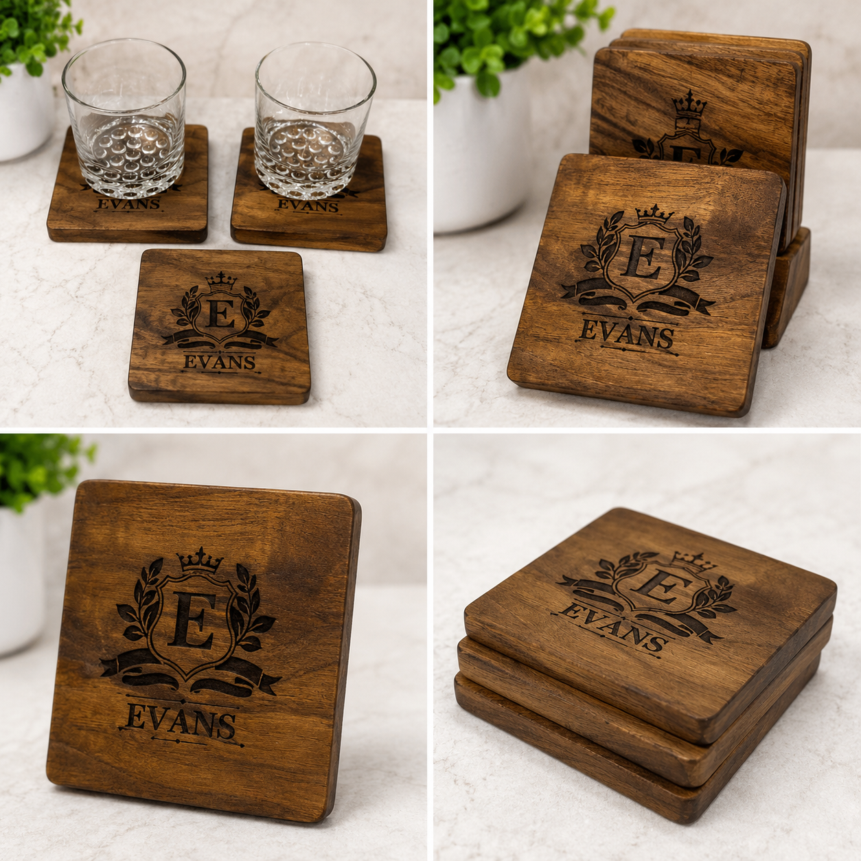 Personalized Monogram Walnut Coasters | Luxury Walnut Coasters for Home & Bar