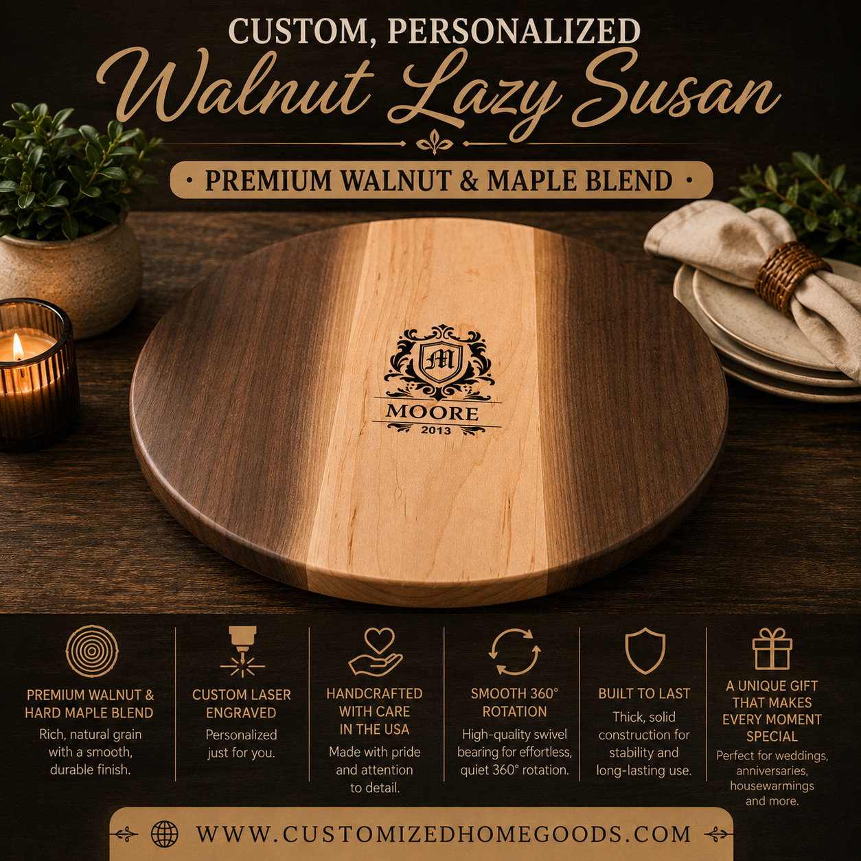 walnut lazy susan | personalized serving tray
