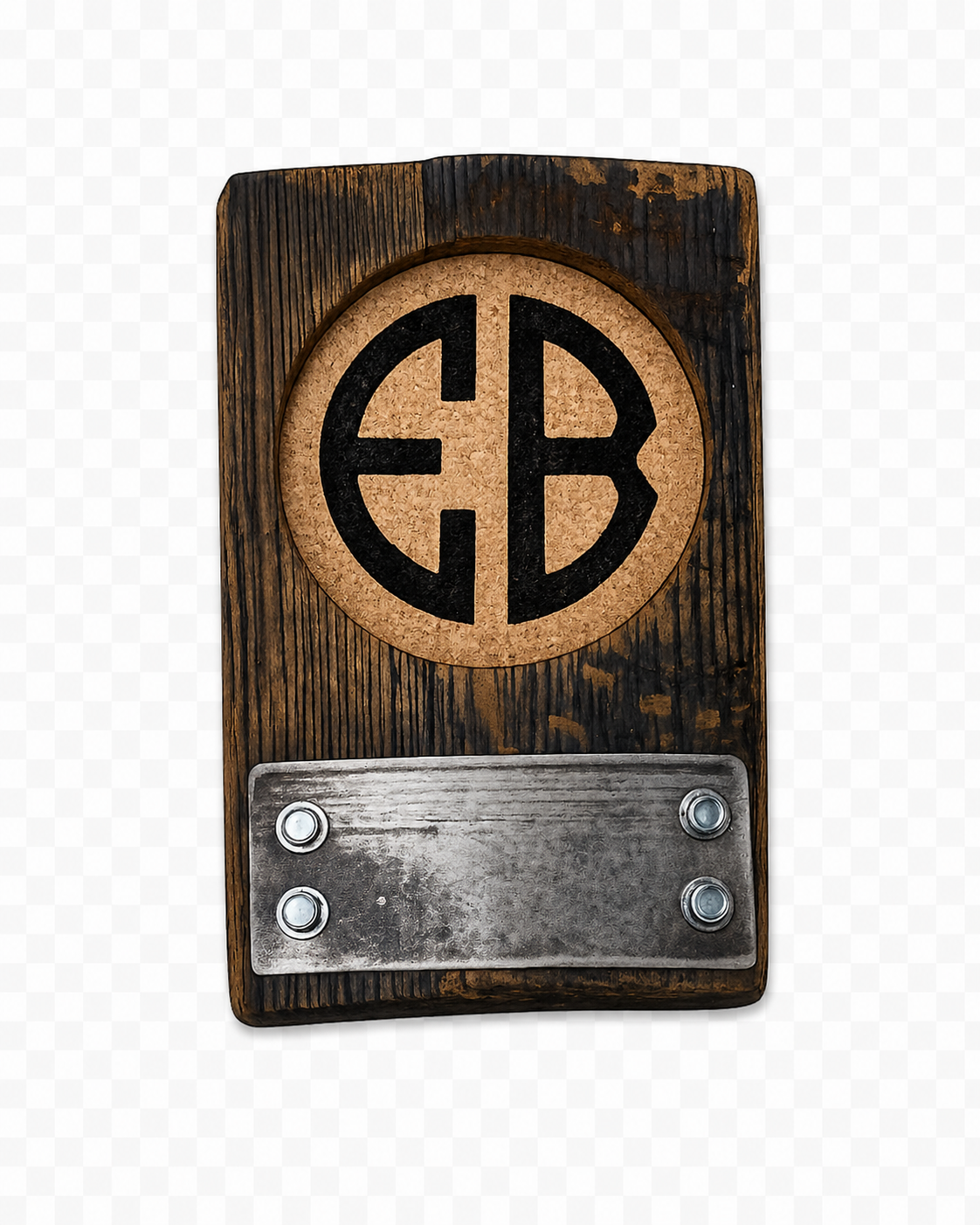 Personalized bourbon barrel coaster made from authentic whiskey barrel stave with engraved monogram and rustic metal accent, perfect for whiskey lovers and home bar decor.