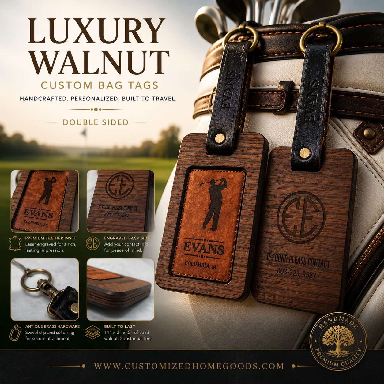 Handcrafted Walnut & Leather Golf Tags