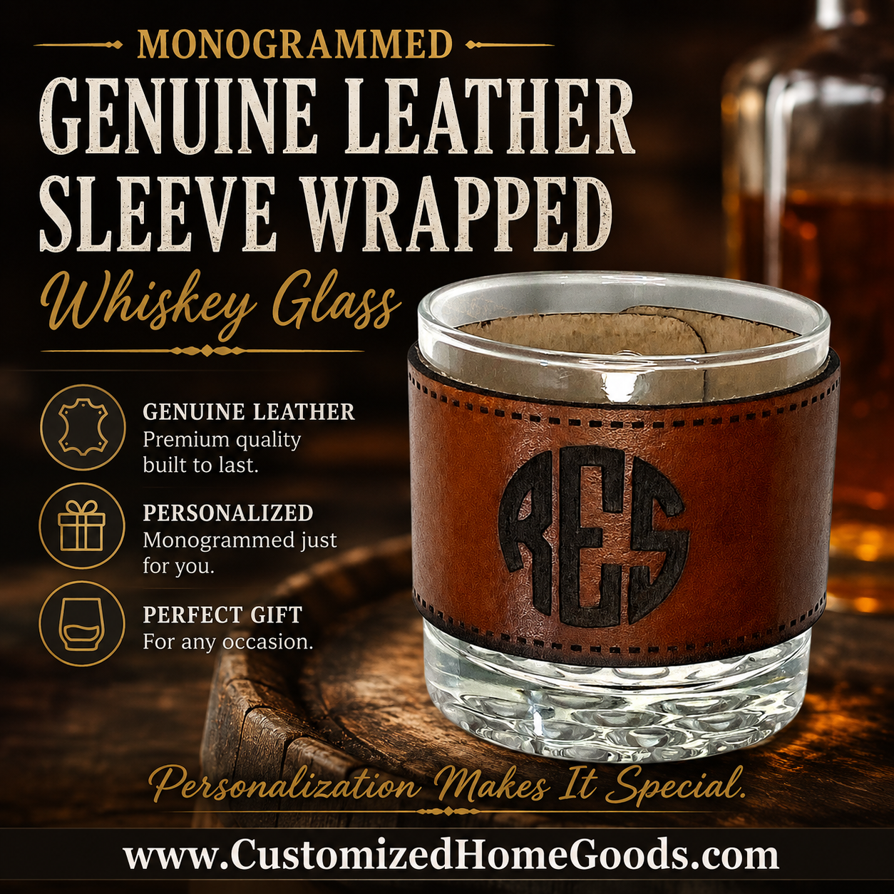 Custom Whiskey Glasses | Personalized Whiskey Glass Leather Sleeve