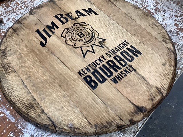 Reclaimed Jim Beam whiskey barrel head rustic oak wood | Jim Beam bourbon barrel lid