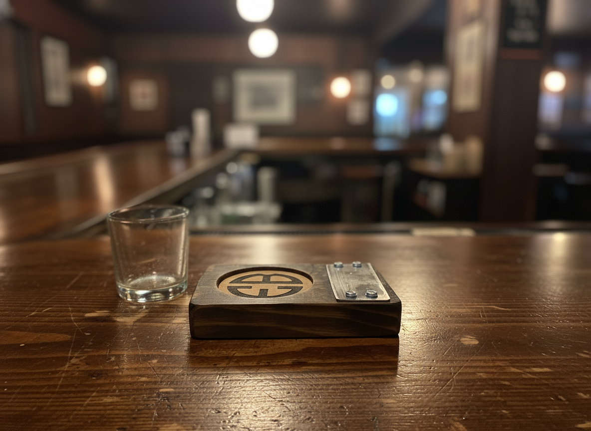 Premium personalized wood coaster made from reclaimed bourbon barrel oak with engraved design, perfect conversation starter for home bars and whiskey collections.