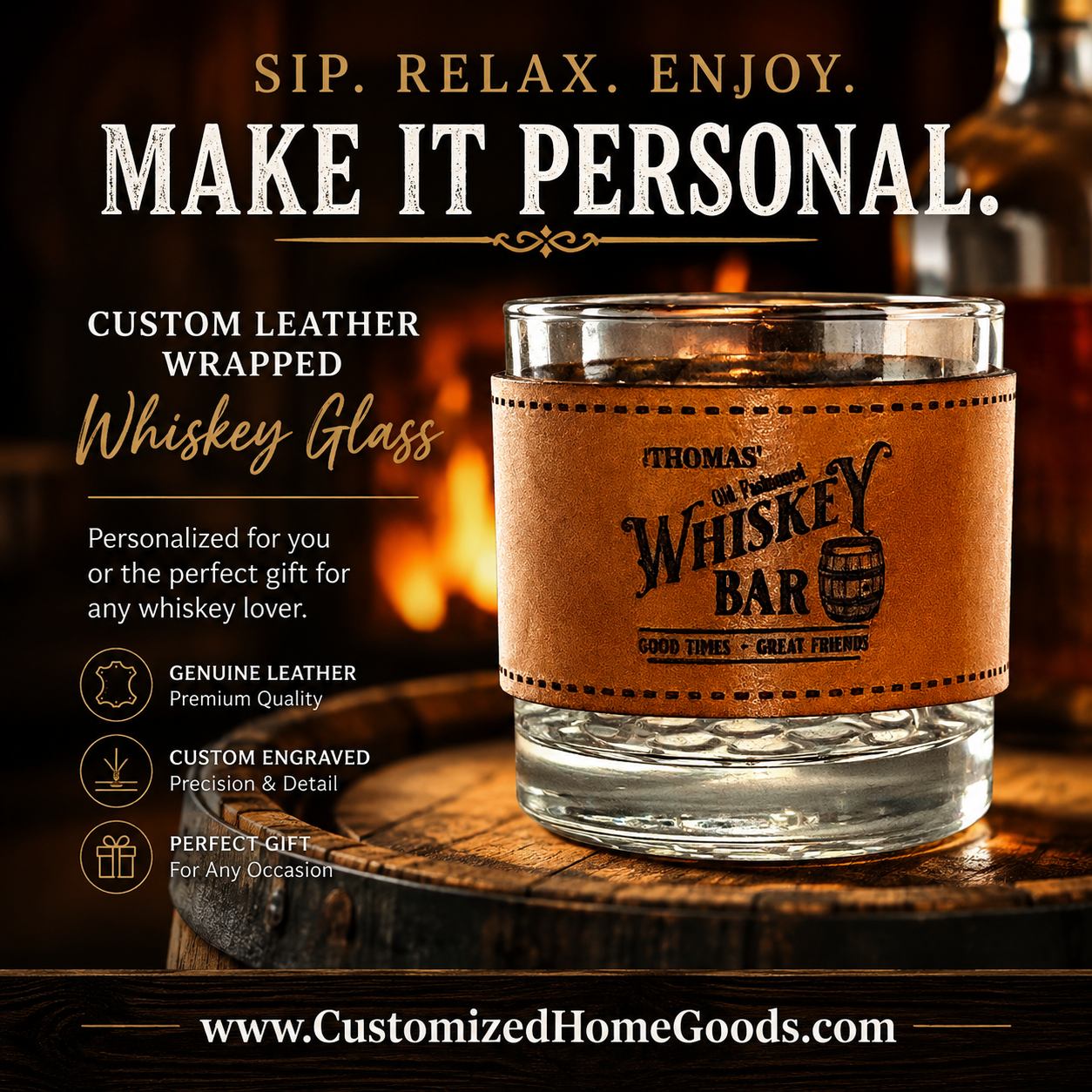 Custom Whiskey Glasses | Personalized Whiskey Glass Leather Sleeve