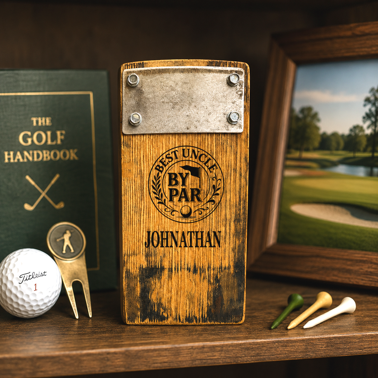 Personalized Best Boss By Par whiskey barrel stave bottle opener engraved with custom name, displayed on an executive desk with golf décor.