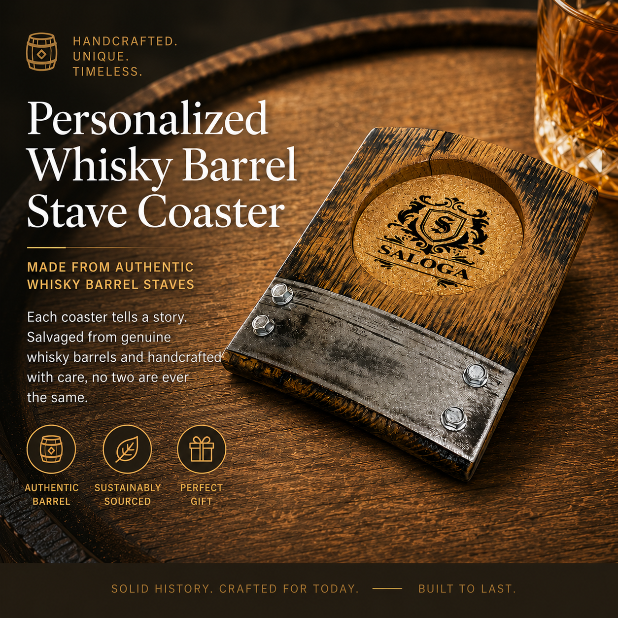 Whiskey Barrel Personalized  Coaster w/Metal Hoop