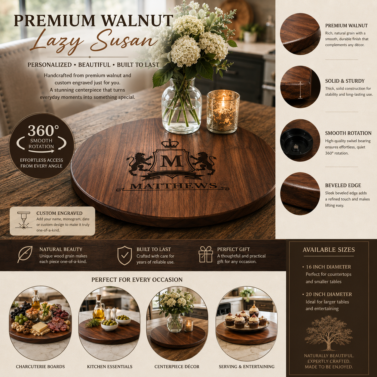 custom lazy susan walnut | customized home goods
