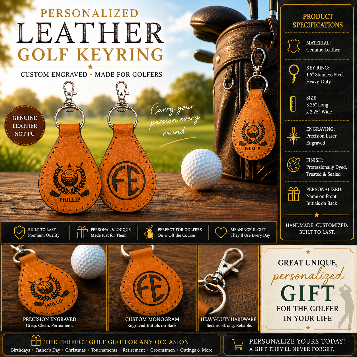 Personalized Golf Gift | Leather Golf Keyring