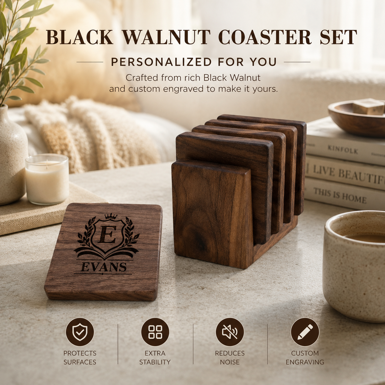 Personalized Black Walnut Coaster Set with Holder | Custom Engraved Wooden Coasters