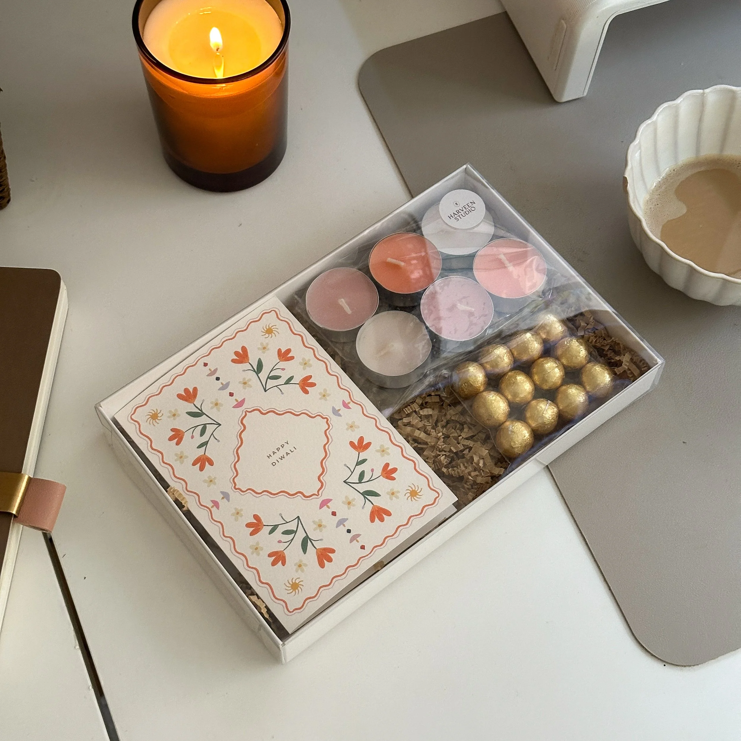 Coral Diwali Gift Box: Scented Candles & Gold Foil Card