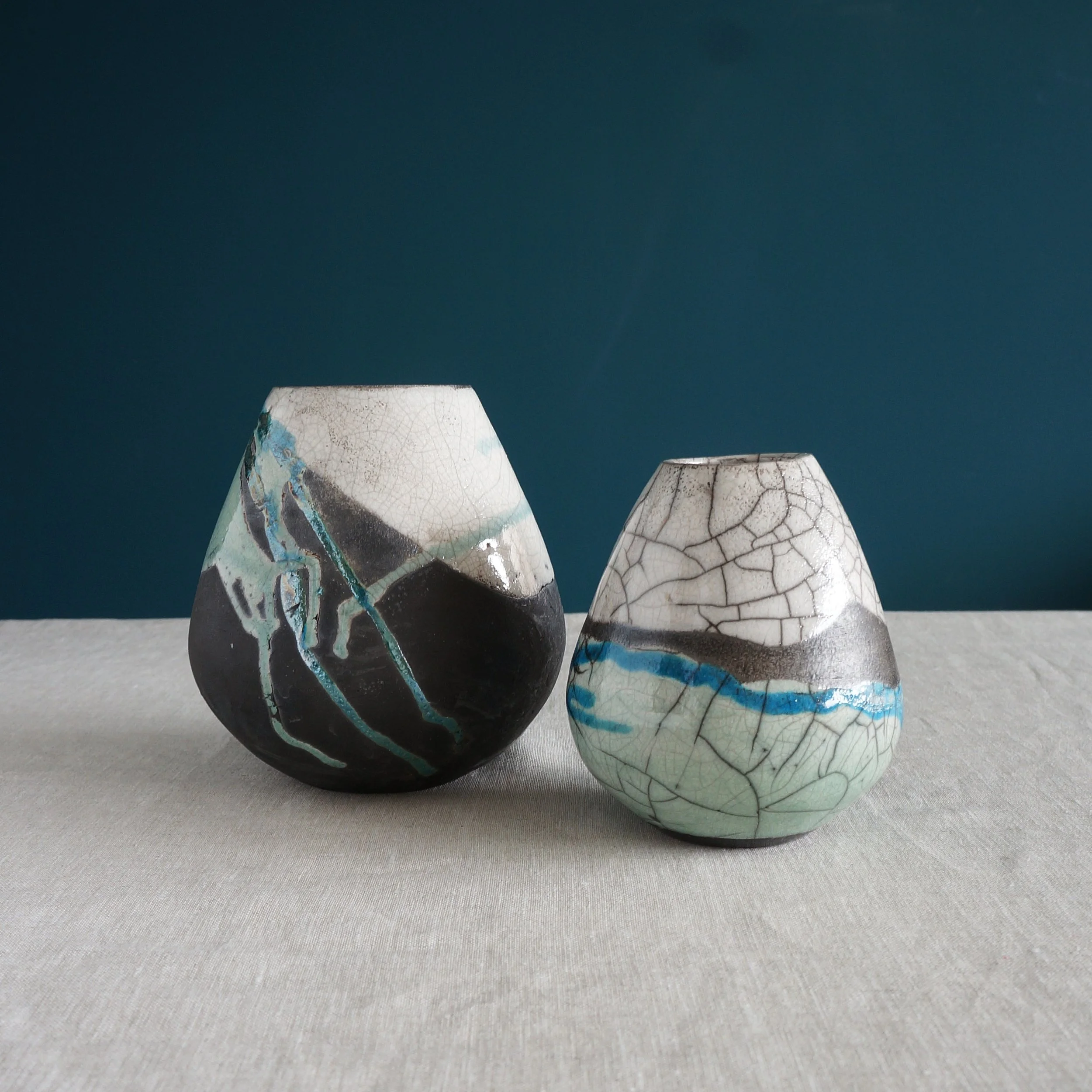 Blue Green White Raku duo.JPG
